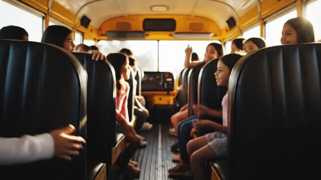 Interior view of a yellow school bus filled with students during a bright sunny day travel ride