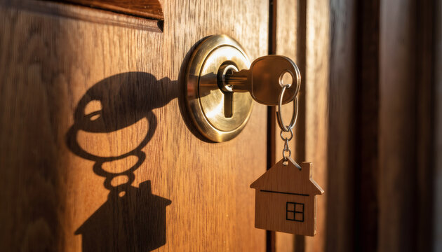 key and house-shaped keychain at door. house-shaped key hangs in a wooden door lock.