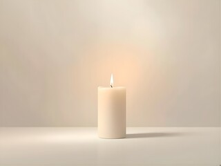 Softly glowing single white candle casting a warm, gentle light on a clean, minimalist surface, perfect for creating serene, peaceful, or contemplative moods in design projects.