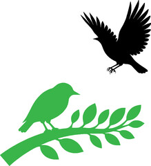 Two bird silhouettes, one green on branch, one black in flight