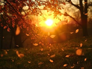 Golden hour sunlight streams through autumn branches as leaves gracefully fall, painting the serene landscape with warm, vibrant hues and evoking a sense of peaceful transition and natural beauty.