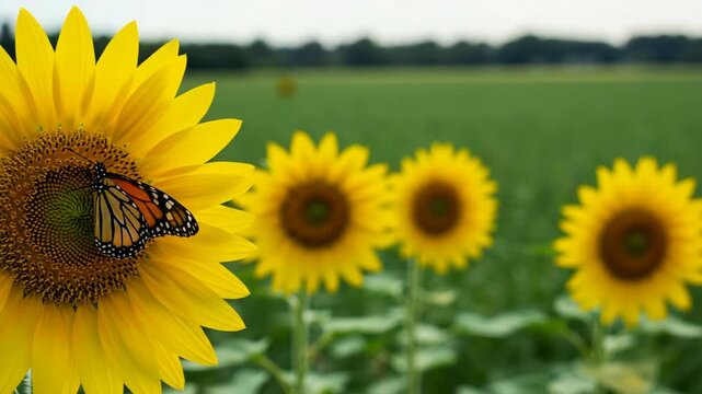 A vibrant sunflower field with a butterfly resting on a blossom, capturing natural outdoor beauty and pollinator activity in bright daylight.