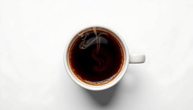 A single cup of coffee positioned prominently in the frame, set against a light background that suggests it's on a table.