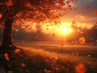 Golden sunset bathes an autumn meadow as vibrant leaves drift gracefully from a majestic tree, creating a breathtaking scene of natural beauty and seasonal change