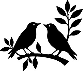 Two silhouette birds resting on a branch with leaves, clean background
