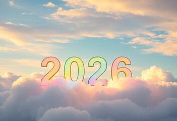 2026 glowing in rainbow colors surrounded by pastel clouds under a serene sky symbolizing joy and fresh beginnings