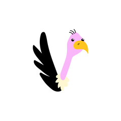 Vibrant cartoon vulture character with a distinct pink neck and yellow beak