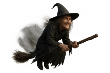 Old halloween witch flying on a broomstick, smiling and enjoying magic, fantasy folklore character with transparent background