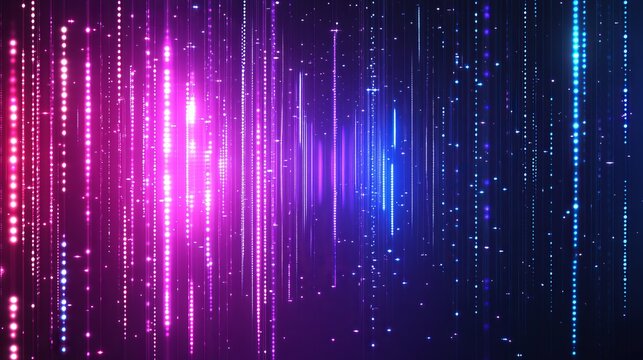 Dynamic digital rain of vibrant pink and blue glowing particles cascading in a futuristic abstract background, perfect for tech and data visualization themes.