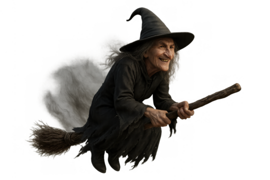 Old halloween witch flying on a broomstick, smiling and enjoying magic, fantasy folklore character with transparent background