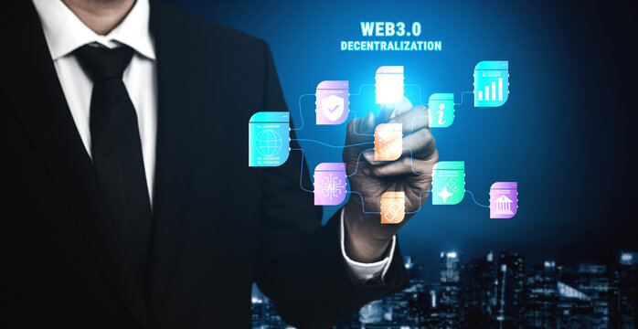 The Web 3.0 decentralization technology ecosystem. A flowchart of interconnected concepts like AI, blockchain, security, and decentralized finance. Motif
