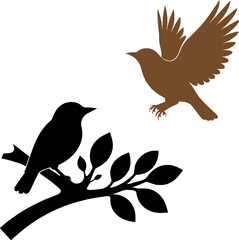 Two birds, one on a branch and one flying, silhouette art