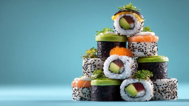 Conceptual food art image of sushi rolls stacked into architectural structure