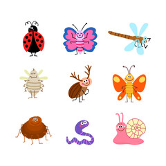 A collection of colorful and funny cartoon insects for children's designs and projects