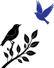 Silhouette of bird on branch with flying bird above it