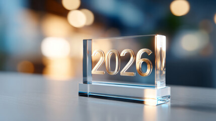 Transparent glass block with embossed 2026 number on smooth surface with blurred warm and cool bokeh background