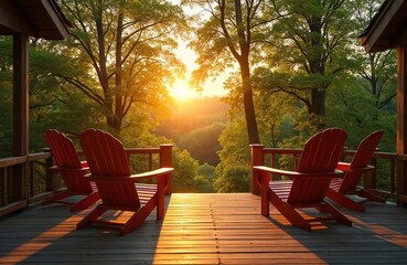 Obraz premium Sunlit wooden deck with red chairs. Chairs face rich green forest at sunrise. Wooden railing surrounds deck. Trees with green leaves glow in morning sun. Peaceful outdoor seating area with wooden