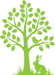 Green tree with bird on branch and rabbit in grass, isolated vector