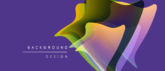 Abstract colorful shapes overlap purple background. Modern design elements create dynamic visual effect. Gradient hues blend seamlessly.