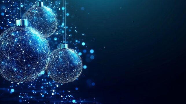Dazzling blue Christmas ornaments with intricate geometric patterns shimmer against a dark, bokeh-filled background, evoking a modern holiday celebration.