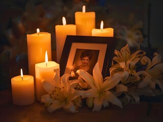 Cherish cherished memories with a framed portrait, glowing candles, and delicate lilies, creating a poignant tribute of remembrance and love.