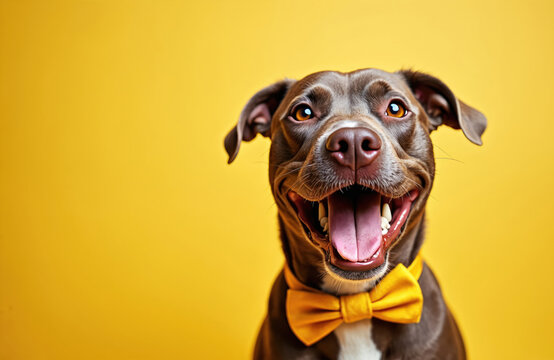 Cute brown dog wearing yellow bow tie looks at camera. Adorable pet smiles with open mouth. Cheerful puppy poses for portrait on solid color background. Happy animal shows friendly expression for fun