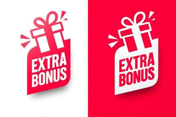 Two red and white gift box shaped tags with the words extra bonus on a white and red background