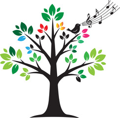 Tree with singing bird and colorful leaves, music notes in air