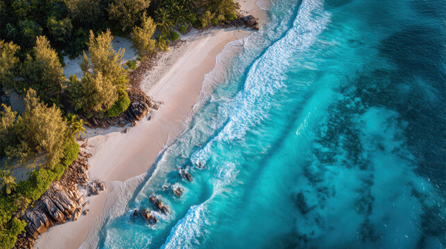 Tropical coastline aerial view with turquoise water, white sand beach, granite rock outcrops, coastal forest and gentle waves creating serene vacation mood - Powered by Adobe