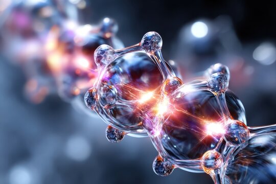 Molecular structure showcasing chemical bonds with glowing energy effects in a dark background