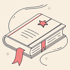 Illustration of a closed book with a bookmark and a star on the cover, symbolizing knowledge, learning, and literature