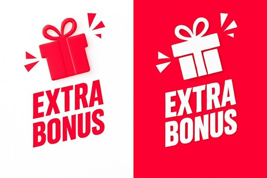 Festive red gift box with white ribbon and text announcing extra bonus offer on white and red backgrounds