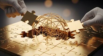 Global business concept with a world map, compass, and puzzle pieces representing connection, strategy, and a missing piece for the complete solution