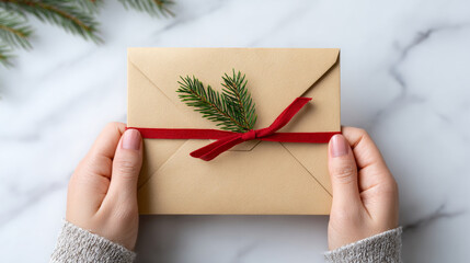 Hands holding a beige envelope decorated with a red ribbon and green pine twig on a marble surface with blurred pine branches