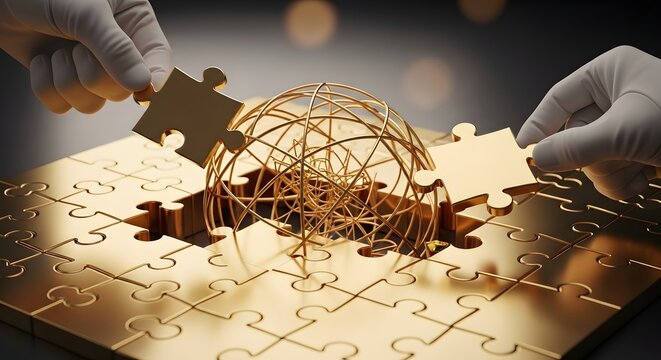 Global business concept with a world map, compass, and puzzle pieces representing connection, strategy, and a missing piece for the complete solution