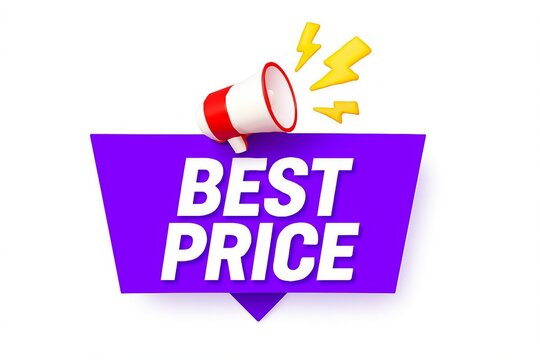 Bright purple banner with the words best price announced by a red and white megaphone with yellow sound waves - Powered by Adobe