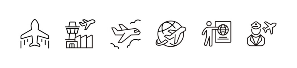 simple plane airport icon line set global travel flight journey with passport and pilot signs vector illustration © elmantastic