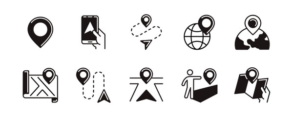 Map navigation icon line set. Global pin location route map direction gps navigator arrow compass road marker symbol outline vector illustration