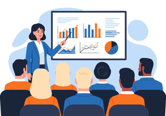 Businesswoman presenting financial data and charts on a screen to an audience in a conference room for business strategy meeting