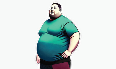 An illustration of a very overweight man with a large belly wearing a teal t-shirt and dark pants, standing against a white background.