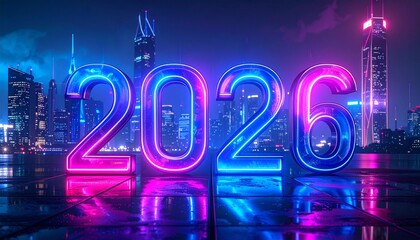 Neon Future: Glowing 2026 Numerals Reflect Urban Energy and Celebration, Illuminating a City Skyline with Vibrant Blue-Pink Tones in a Cinematic Scene of Anticipation, Progress, and Nighttime Brillian