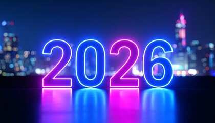 Neon Future: Glowing 2026 Numerals Reflect Urban Energy and Celebration, Illuminating a City Skyline with Vibrant Blue-Pink Tones in a Cinematic Scene of Anticipation, Progress, and Nighttime Brillian