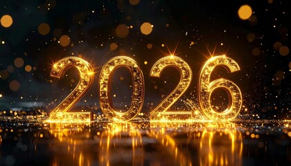 Golden Horizon: Illuminated 2026 Numerals Sparkle Against a Dark Backdrop, Celebrating New Beginnings, Future Milestones, and the Radiance of Progress in a Cinematic Scene of Anticipation and Joy