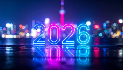 Neon Future: Glowing 2026 Numerals Reflect Urban Energy and Celebration, Illuminating a City Skyline with Vibrant Blue-Pink Tones in a Cinematic Scene of Anticipation, Progress, and Nighttime Brillian