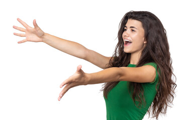 Portrait of attractive young woman wants to hug you, isolated on grey background.
