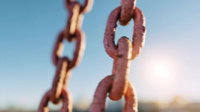 Close up of old metallic chain against blue sky outdoors