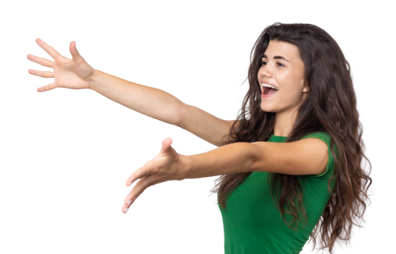 Portrait of attractive young woman wants to hug you, isolated on grey background.