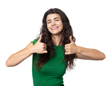 Close-up portrait of attractive surprised girl, showing thumbs up gesture. Success luck concept.