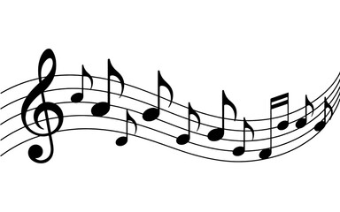 Stylized white musical notes and staff on a black background isolated on transparent background
