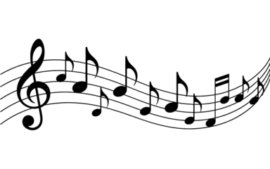 Stylized white musical notes and staff on a black background isolated on transparent background